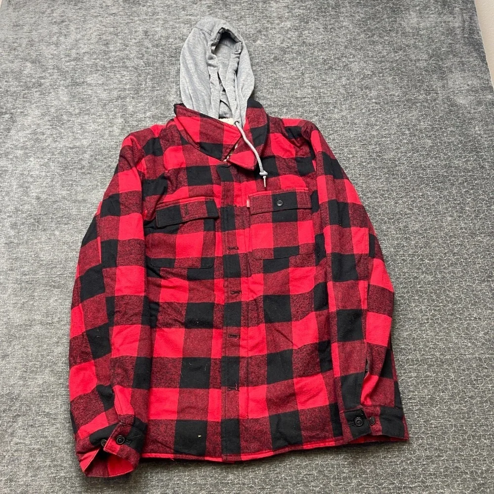 Levi's Shirt Jacket Mens S Red Black Flannel Plaid Sherpa Lined Shacket Hooded